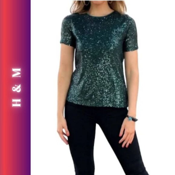 H&M Sequins Top Dark Green Sleek Shape Mardi Gras or Saint Patrick's - Picture 3 of 8